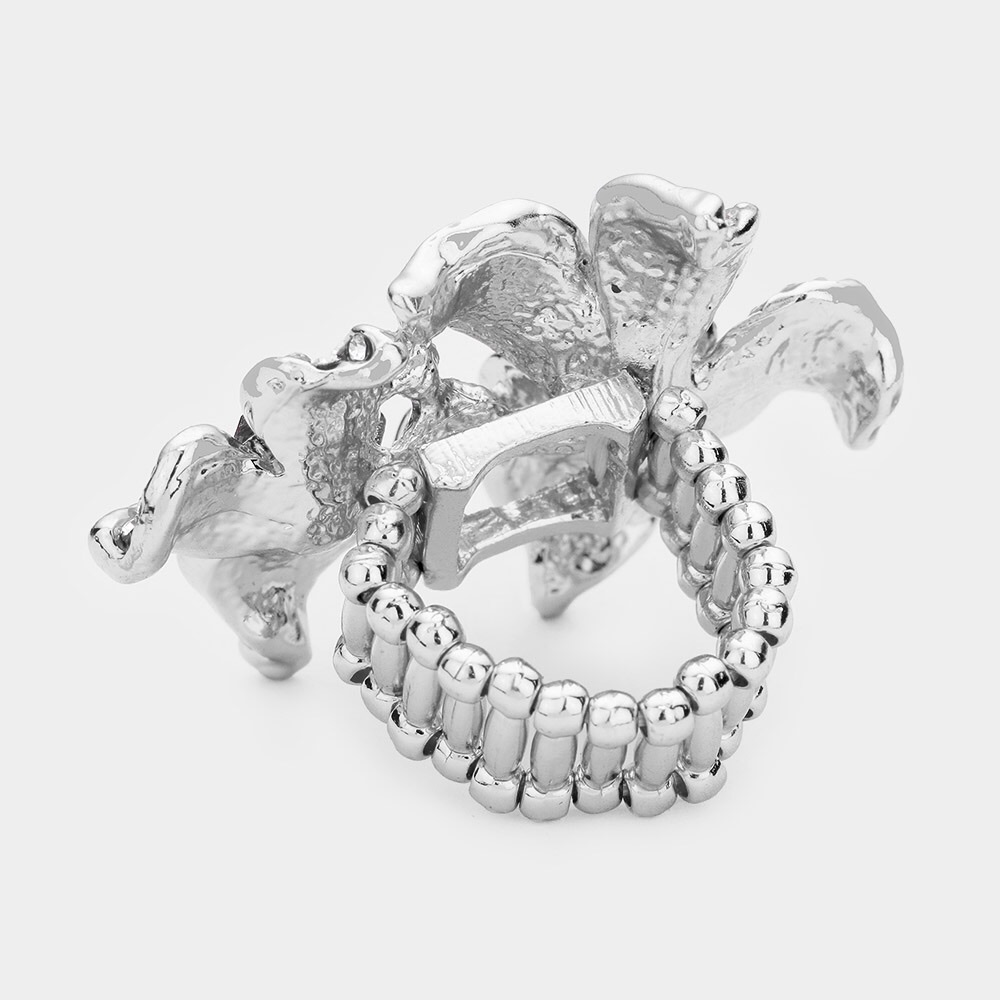 Silver Rhinestone Crystal Bloom Flower Stretch Ring - Picture 2 of 2